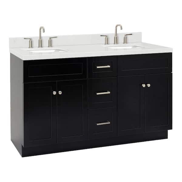 Condition photo showing New/Like New for ariel hamlet 60 in. black solid wood double sink vanity in black with 2 open space cabinets, 3 drawers, and nickel brushed handles with white quartz sink top. 60"w x 21.5"d x 34.5"h