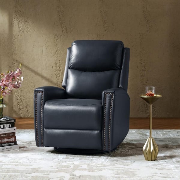 Condition photo showing New/Like New for regina 30.31 in. wide navy genuine leather swivel rocker recliner with nailhead trim and side pockets h 40.16 in, w 30.31 in, d 37.5 in