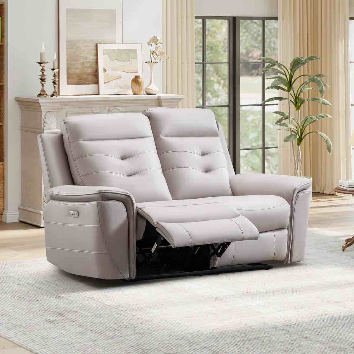 Condition photo showing New/Like New for 64.56" wide grey modern premium vegan leather upholstered power reclining loveseat with usb ports. 40.55'' h x 64.56'' w x 37.4'' d