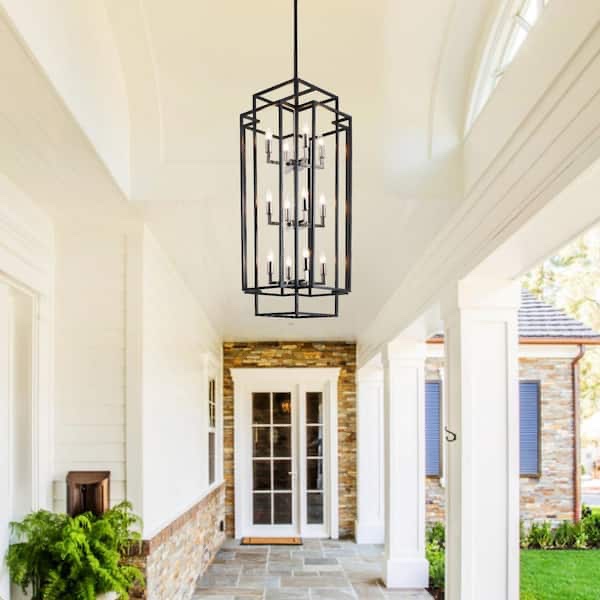 Condition photo showing New/Like New for 12-light black antique nickel lantern tiered foyer hanging ceiling chandelier - 18 x 18 x 41.8