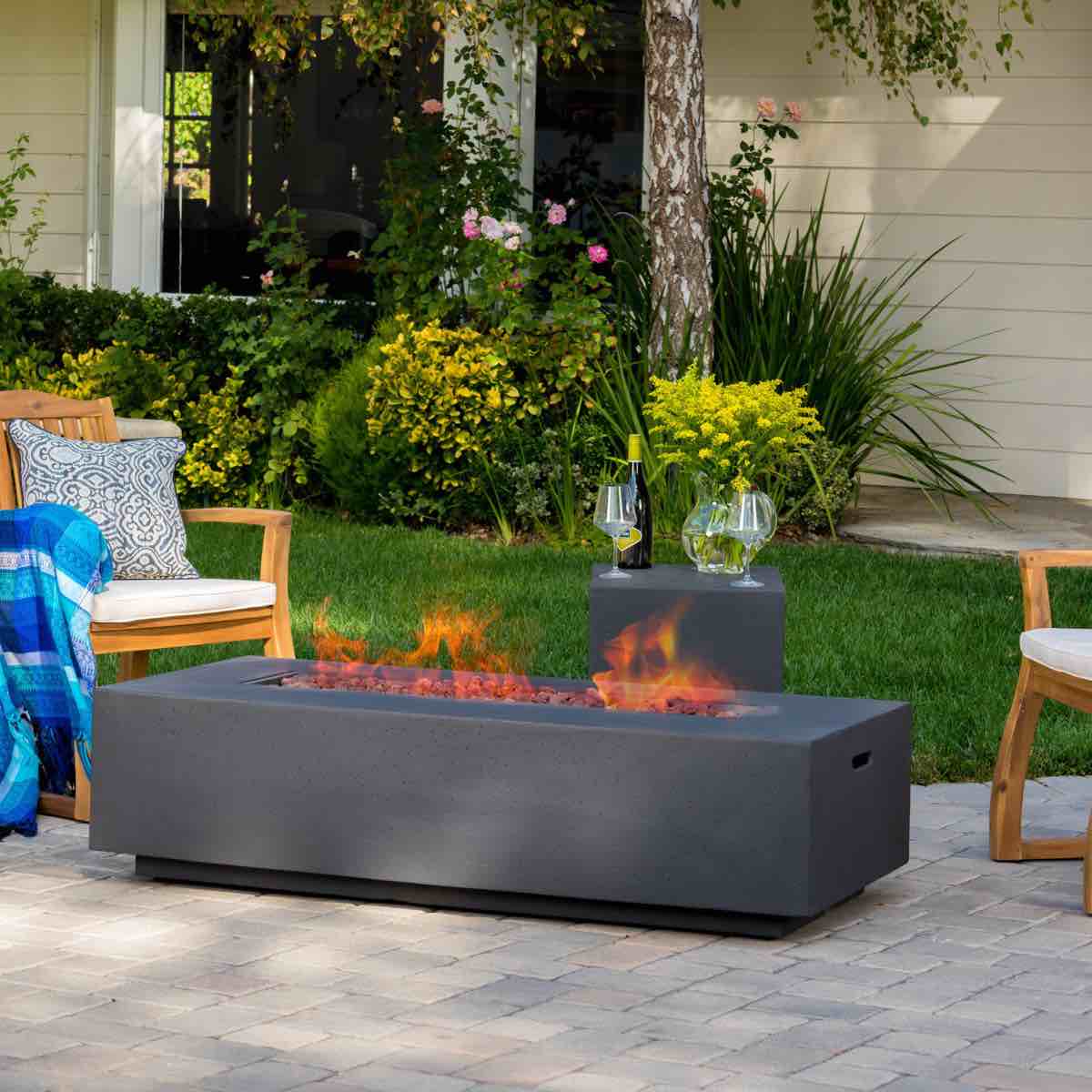 Condition photo showing New/Like New for rectangular 50,000 fireplace, dark grey iron, elegant outdoor addition, no assembly 40" fire pit, , rectangular, grey, cool modern style,