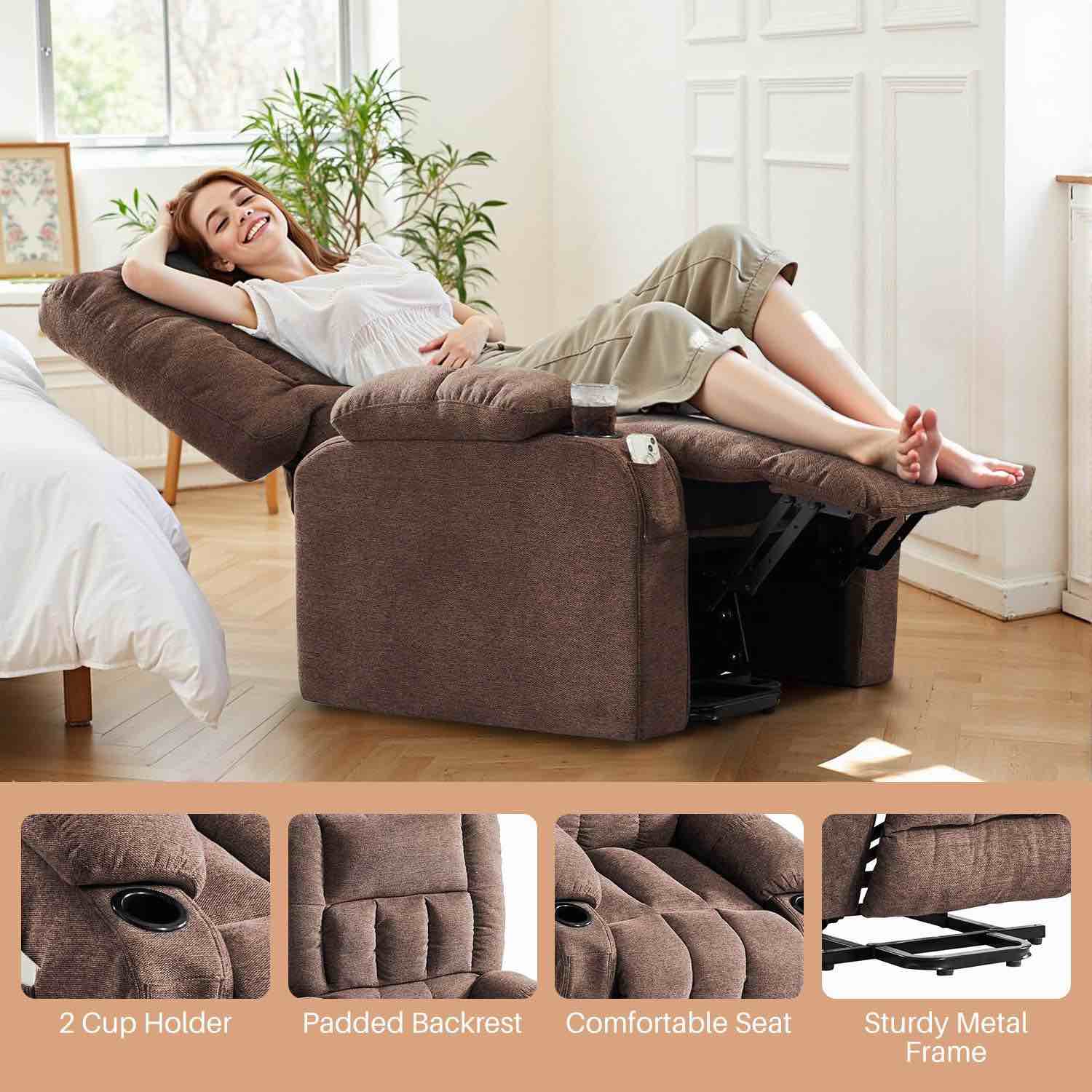 Condition photo showing New/Like New for electric power lift recliner chair for elderly ergonomic lounge chair zero gravity chair with massage and heating function soft fabric upholstery recliner for adults under 6' hold up to 330lbs, brown - 37.5"d x 39.7"w x 42"h