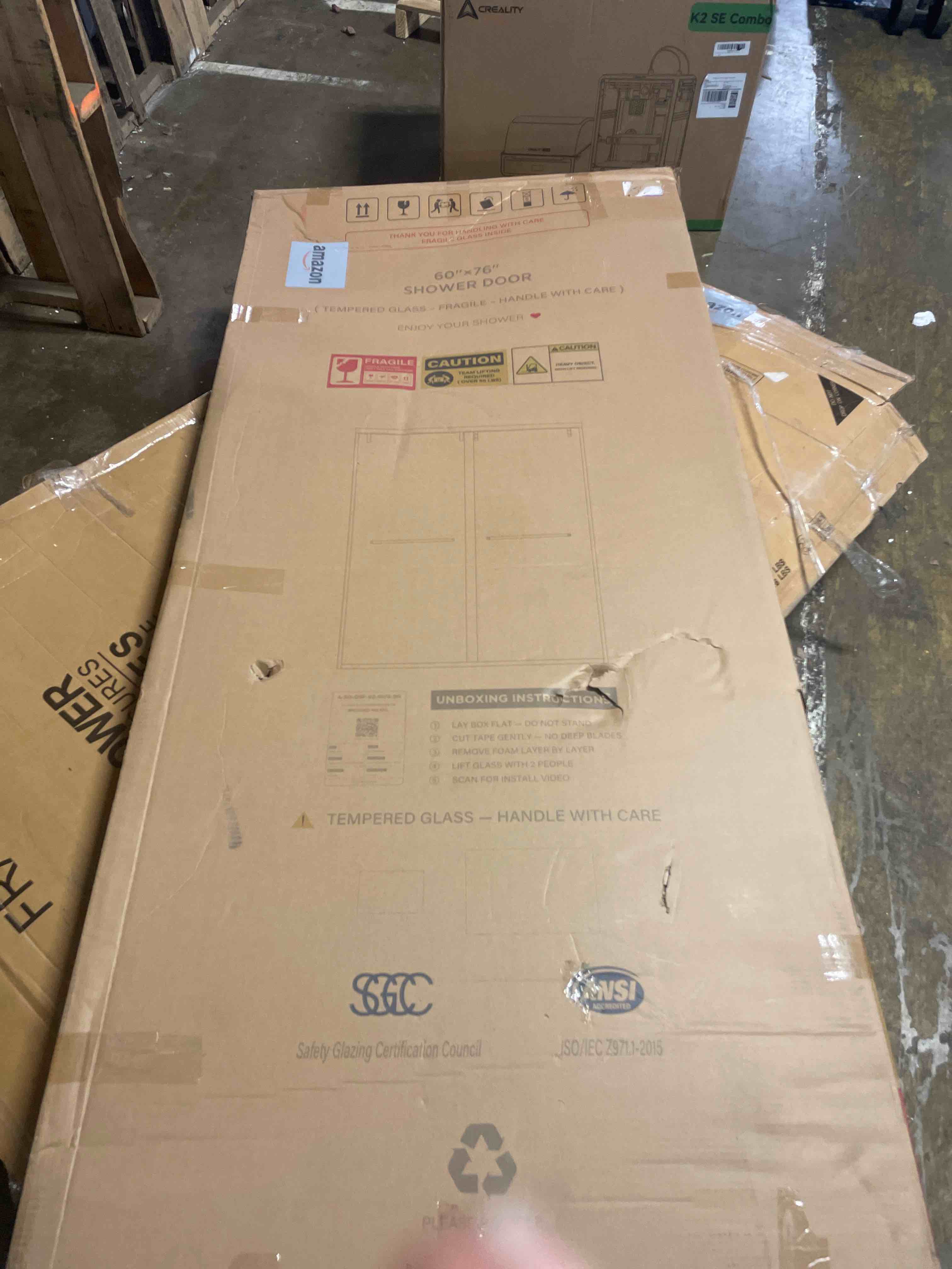 Condition photo showing New/Like New for shower door 56-60" w x 76" h, single sliding design frameless glass shower door, 1/4" (6mm) sgcc tempered glass bathroom sliding door, matte black finish, 304 stainless steel hardware
