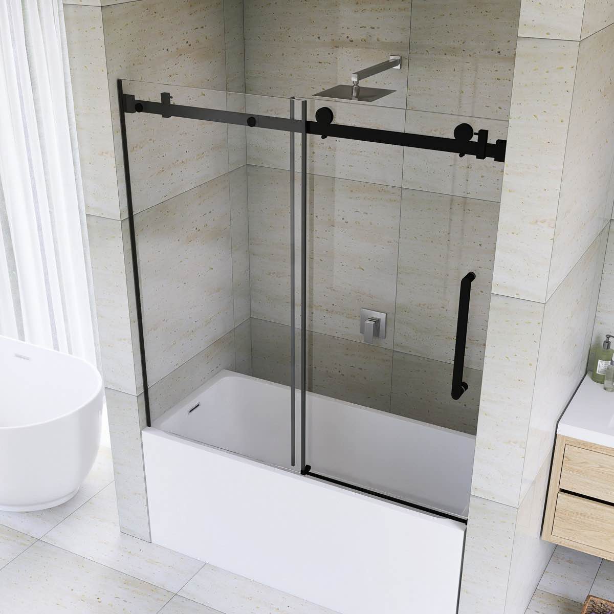 Condition photo showing New/Like New for 56-60 "w x 60" h frameless sliding shower door in matte black finish, 6mm thick transparent glass, box has been opened to verify not broken, hardware all factory packaged