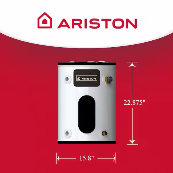 Condition photo showing New/Like New for 12 gal. 1500 watt point of use electric water heater, durable gas lined carbon steel tank, overall dimensions 26”h x 18.75”w x 19.5”d