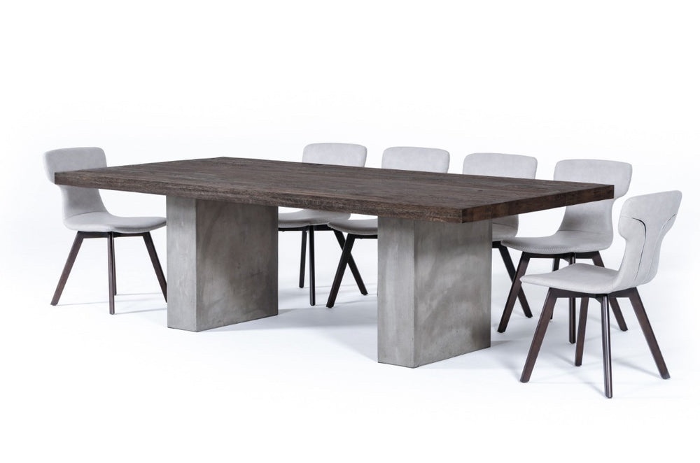 Condition photo showing New/Like New for 94” renzo heritage oak top with dark grey concrete base dining table, seats 8–10, durable finish, overall dimensions 94”w x 47”d x 30”h, 3 boxes total, brand new in box