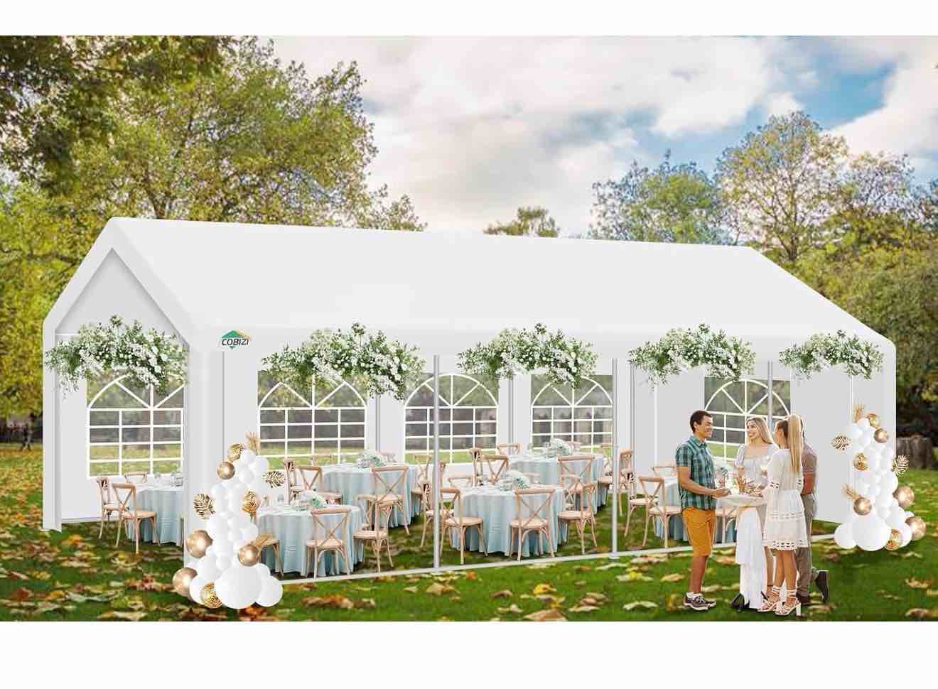 Condition photo showing New/Like New for cobizi 13x26ft party tent heavy duty waterproof outdoor white gazebo with removable sidewall windows, overall dimensions 320"l x 160"w x 126"h