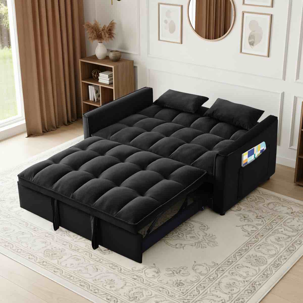 Condition photo showing New/Like New for 3 in 1 convertible sofa bed, pull out couch with adjustable backrest, velvet sleeper sofa loveseat with pillows and side pockets for living room, bedroom, apartment, black