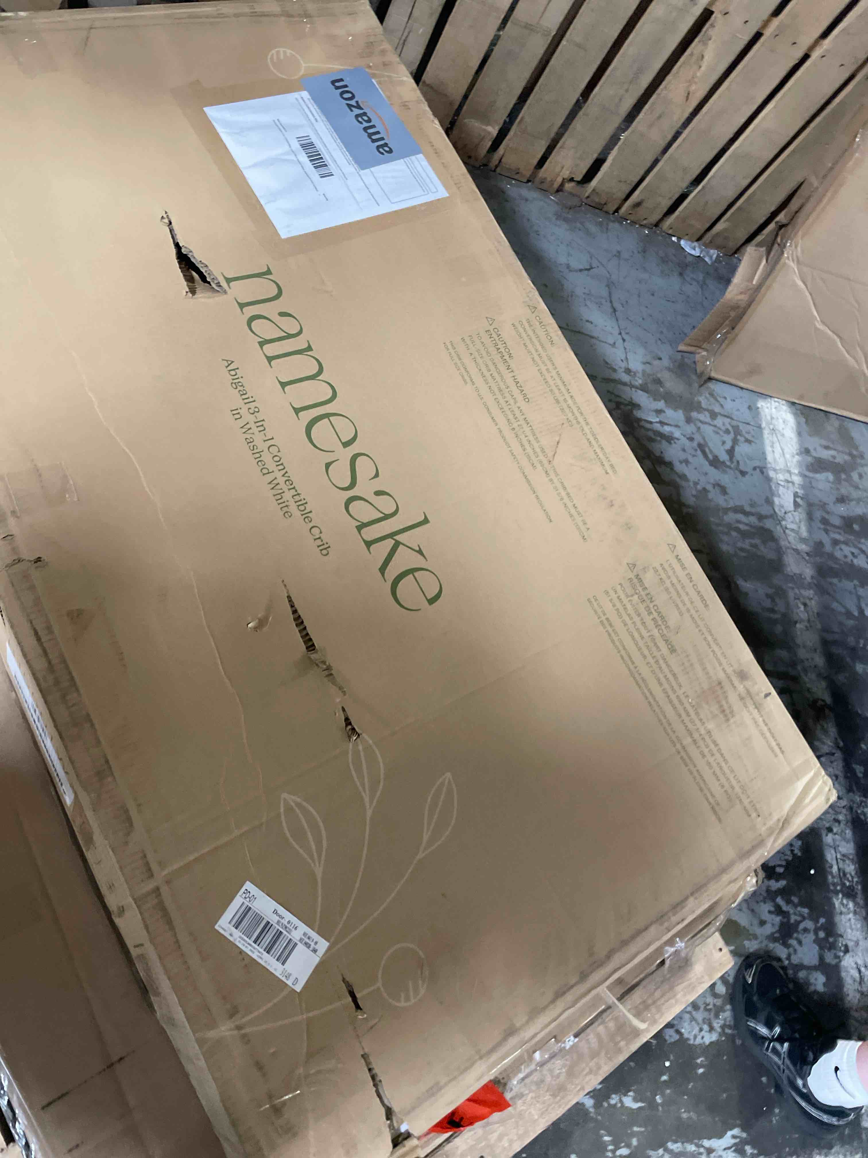 Condition photo showing New/Like New for namesake abigail 3-in-1 convertible metal crib in washed white, greenguard gold certified crib washed white