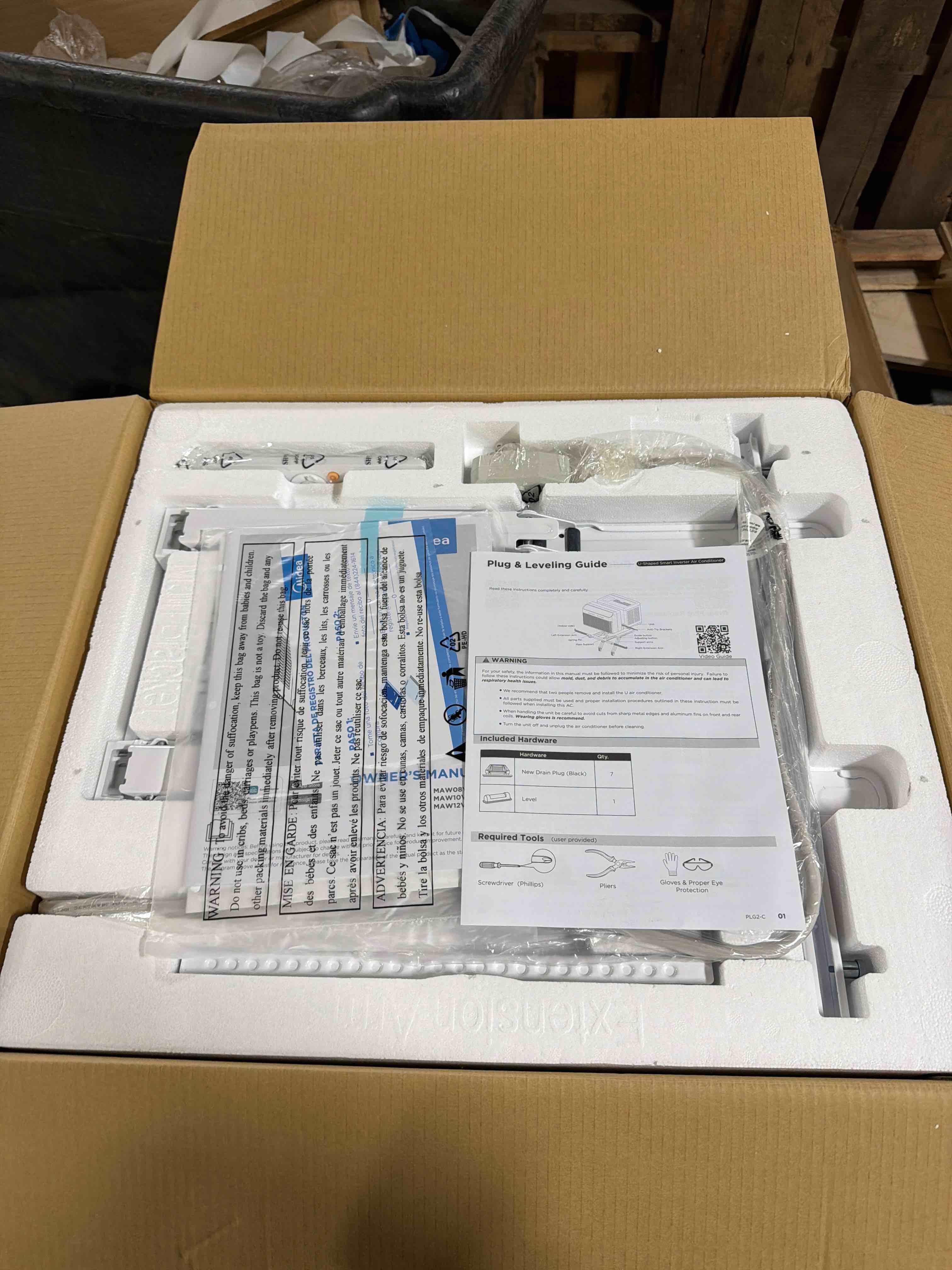 Condition photo showing New/Like New for midea 12,000 btu u shaped smart inverter window air conditioner, cools 550 sq ft, ultra quiet with open window flexibility , alexa/google assistant compatible , 35% energy savings, remote control, (item is brand new in box)