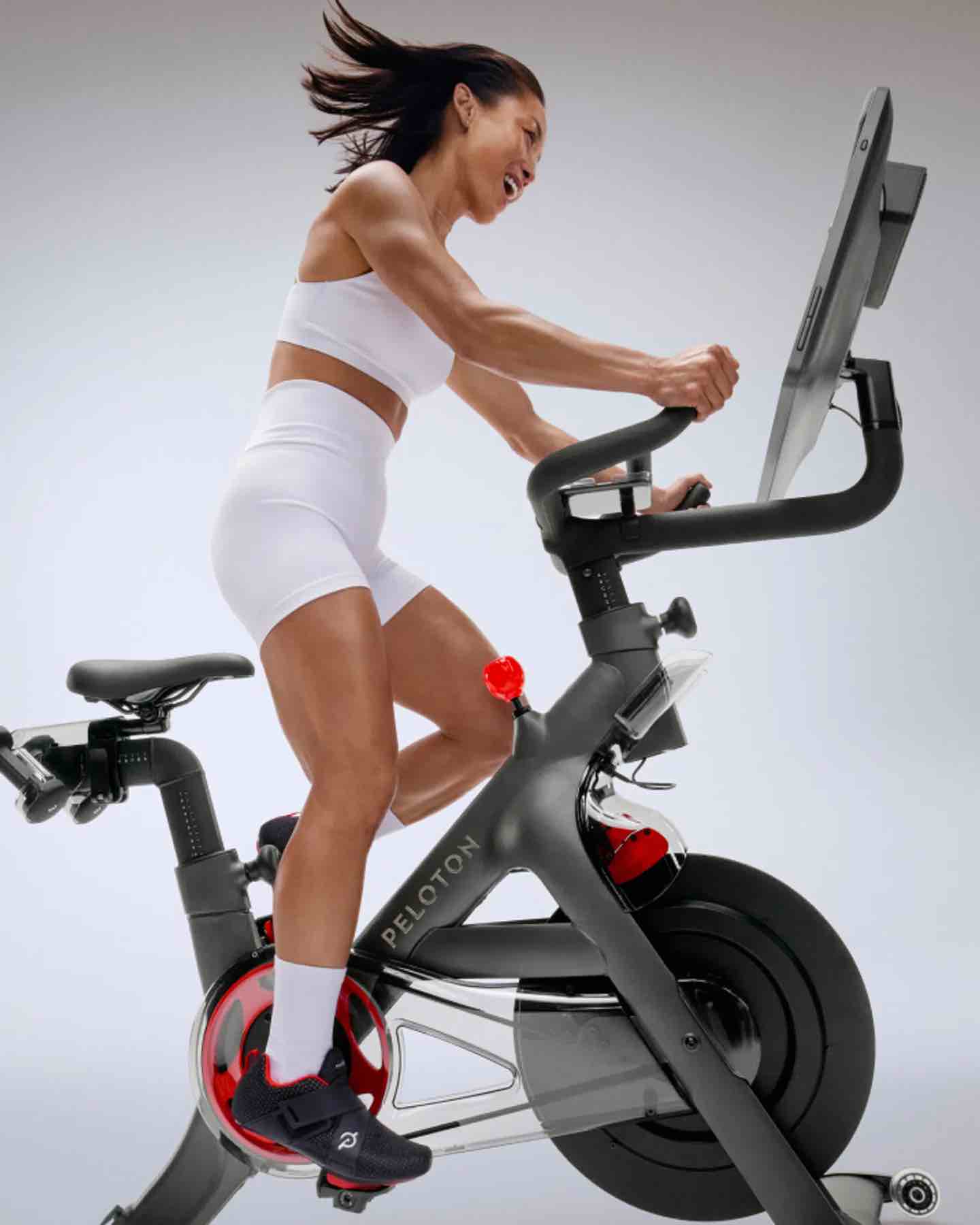 Condition photo showing New/Like New for peloton cross training series bike+ with peloton iq, immersive 23.8" full hd swivel touchscreen, resistance knob, front facing speakers and rear facing woofer, fan to keep you cool, phone tray compatible with apple & android, movement tracking camera, hands-free control for volume, overall dimensions: 54" l x 22" w x 60" h, 
