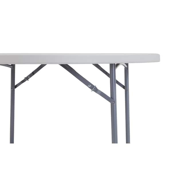 Condition photo showing New/Like New for 60 in. grey plastic round folding banquet table, 1000lbs weight capacity, 17-guage steel framing system, 18 guage legs, stain resistant, withstands up to 212f, table is new in box