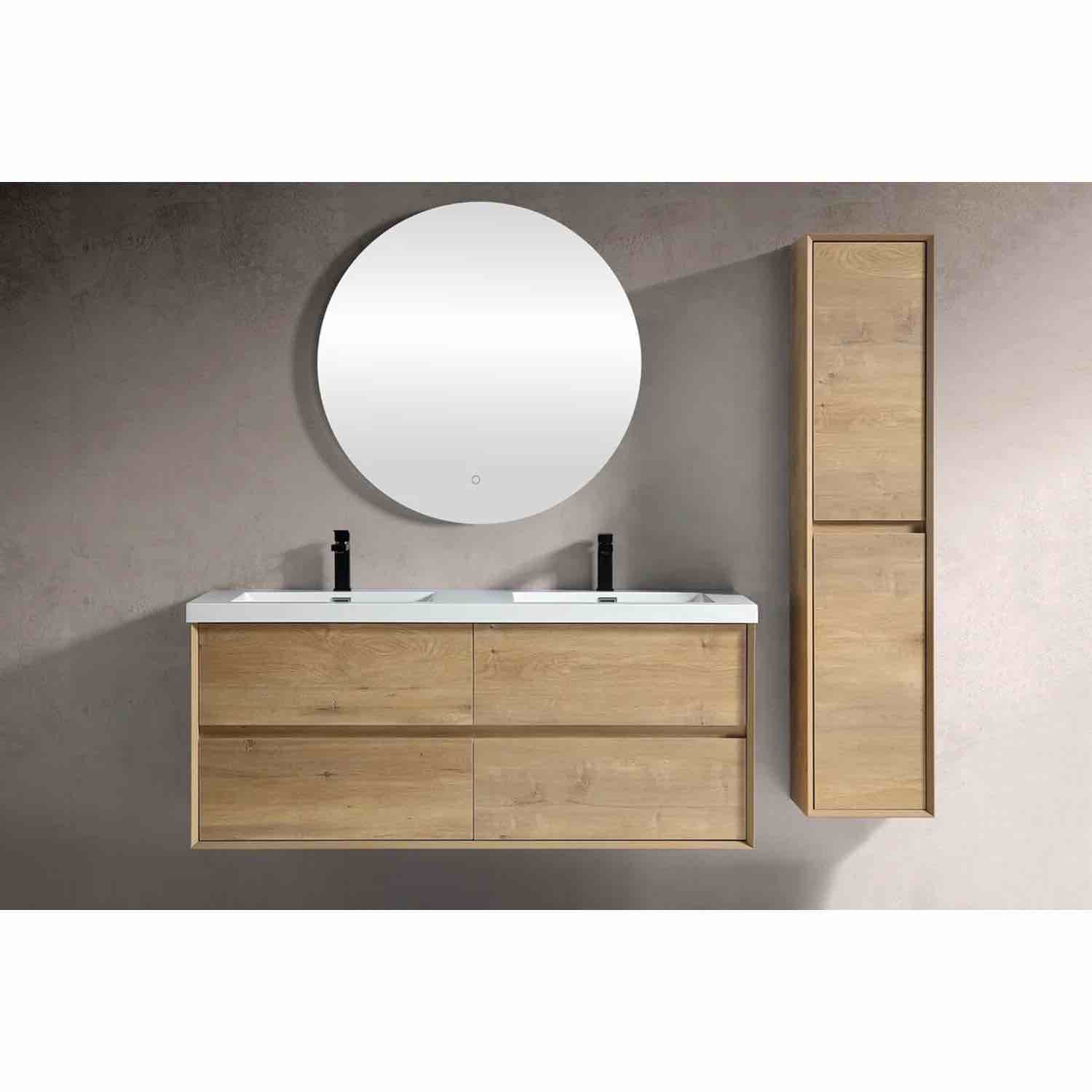 Condition photo showing New/Like New for sottile 84” white oak floating vanity with 4 drawers and white acrylic double sink top. 84” w x height: 23.60 (in) depth: 19.75 (in)