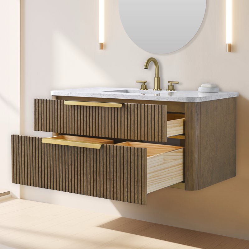 Condition photo showing New/Like New for warren 42 in. floating bath vanity in aged oak with engineered stone top in arabescato and white sink