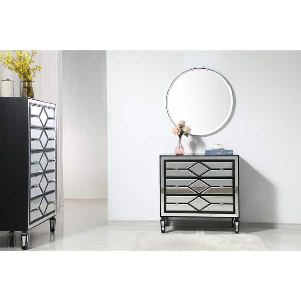 Condition photo showing New/Like New for set of 2 mirrored nightstands in black (new in box) 30 in. w x 18 in. d x 30 in. h