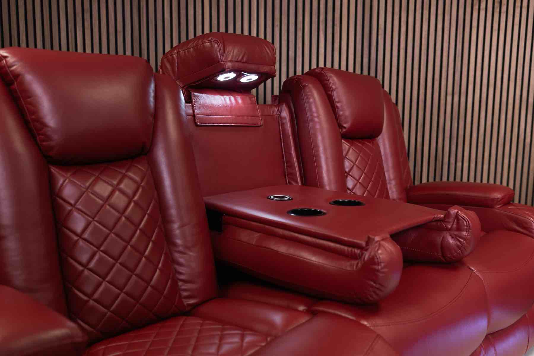 Condition photo showing New/Like New for 83.1 in. flared arm faux leather rectangle manual recliner 3-seat sofa in wine red w/ center console and led light strip
