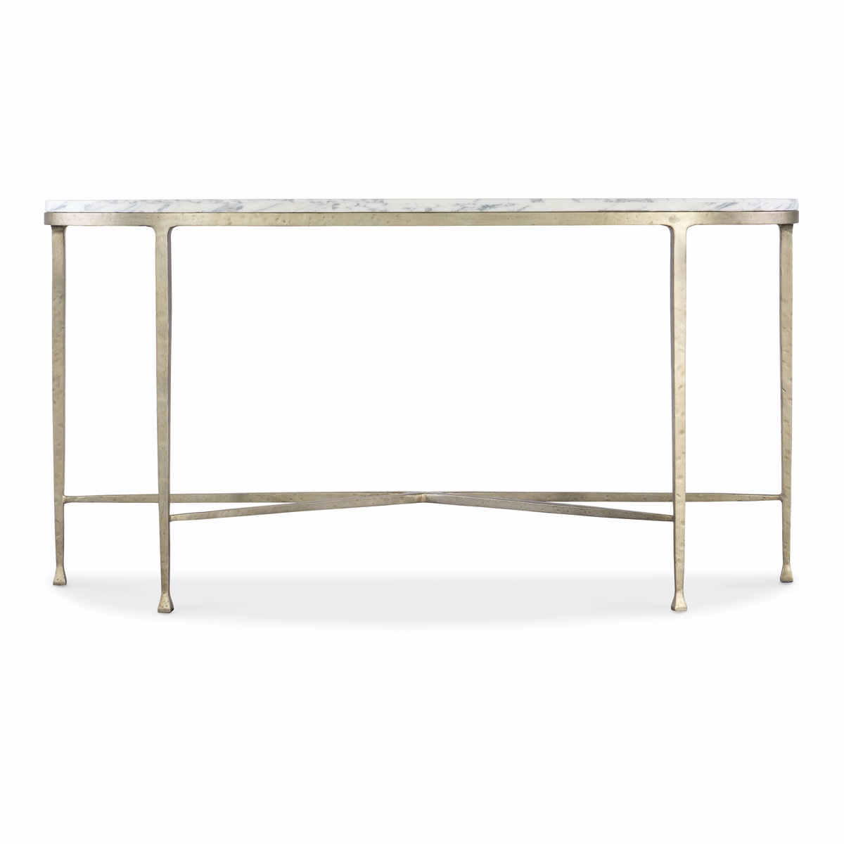 Condition photo showing New/Like New for jules 58'' stone top console table with a soft gold iron base, half moon table top shape, overall dimensions 30'' h x 58'' w x 16'' d