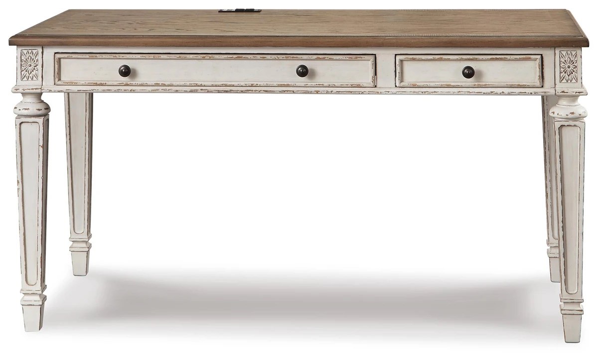 Condition photo showing New/Like New for realyn 60" distressed 2 tone white/light brown home office desk with usb charge station, 2 drawers, and antique bronze knobs. width: 60.00" height: 31.00" depth: 28.00"