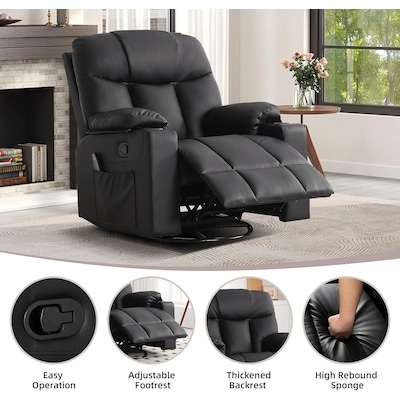 Condition photo showing New/Like New for canmov black leather 40-in swivel rocker recliner chair with heated massage ability and 2 cup holders. 38"d x 40"w x 42"h