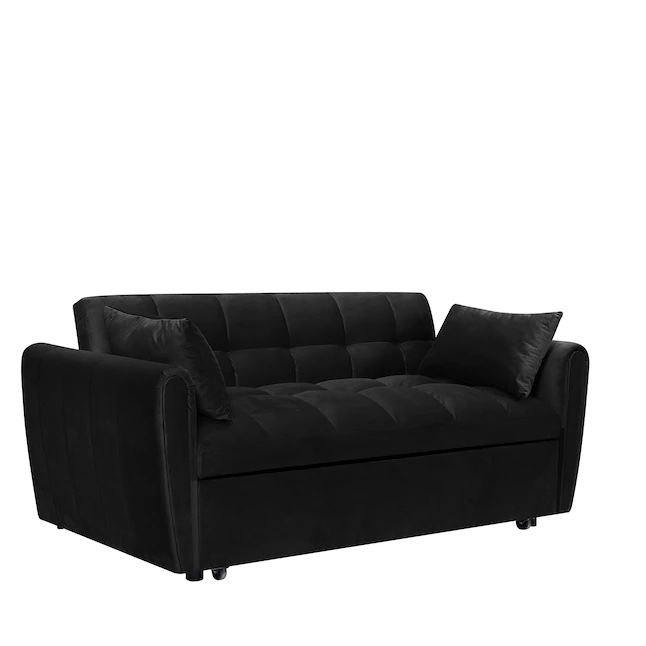 Condition photo showing New/Like New for lovmor 65inch 3 in 1 black velvet foldable large size sofa bed. h 31.10 in, w 52.75 in, d 33.46