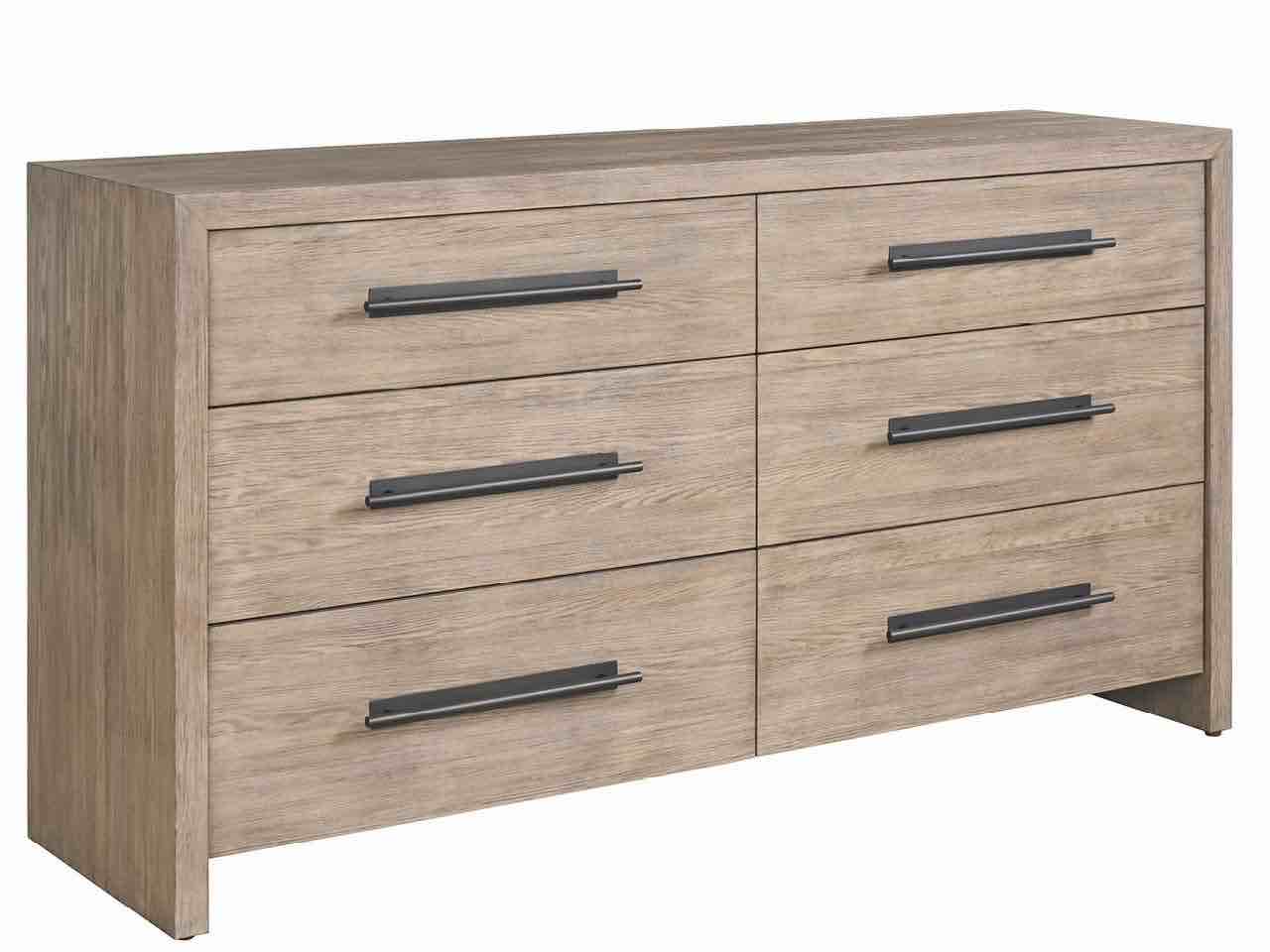 Condition photo showing New/Like New for dwell boulder finish solid wood six drawer dresser with iron metal handles. 68" w x 19" d x 36" h