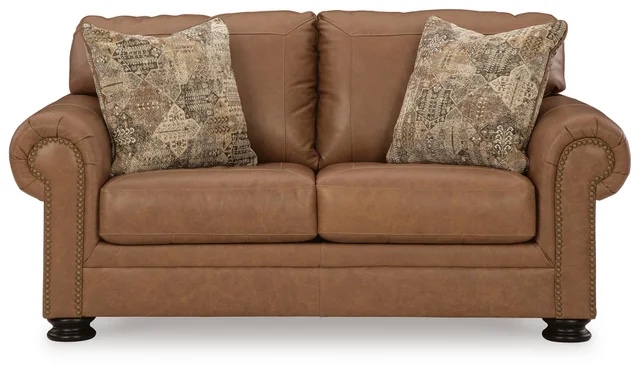 Condition photo showing New/Like New for carina 2 seat camel soft fabric loveseat with bronze button trim and espresso finished wooden carved feet. 6 x 2 x 3
