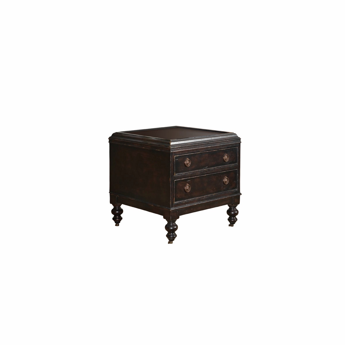 Condition photo showing New/Like New for kingstown mahogany nelson end table, with a dark bronze finished hardware, overall dimensions 27 h x 26 w x 26 d, item is brand new in box