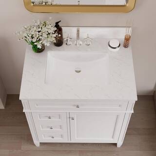 Condition photo showing New/Like New for 30” single sink freestanding white wood bath vanity with white engineered marble top (assembled)