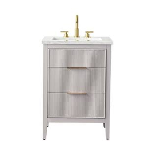 Condition photo showing New/Like New for emma 24”w bath vanity in taupe with engineered stone top in arabescato with white sink.