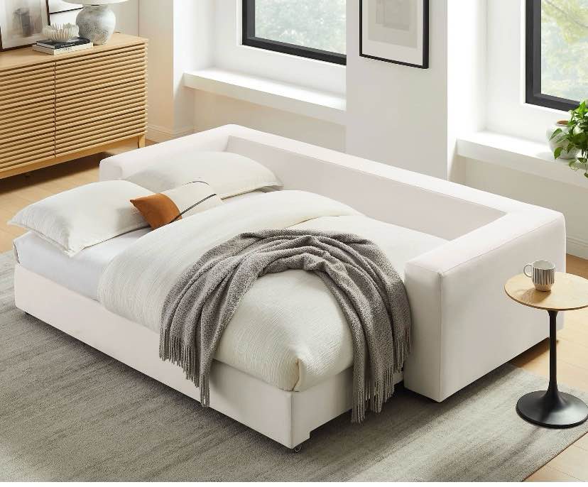 Condition photo showing New/Like New for sleeper sofa/pull out trundle bed, white fabric - (could use steam cleaning but otherwise beautiful sofa)