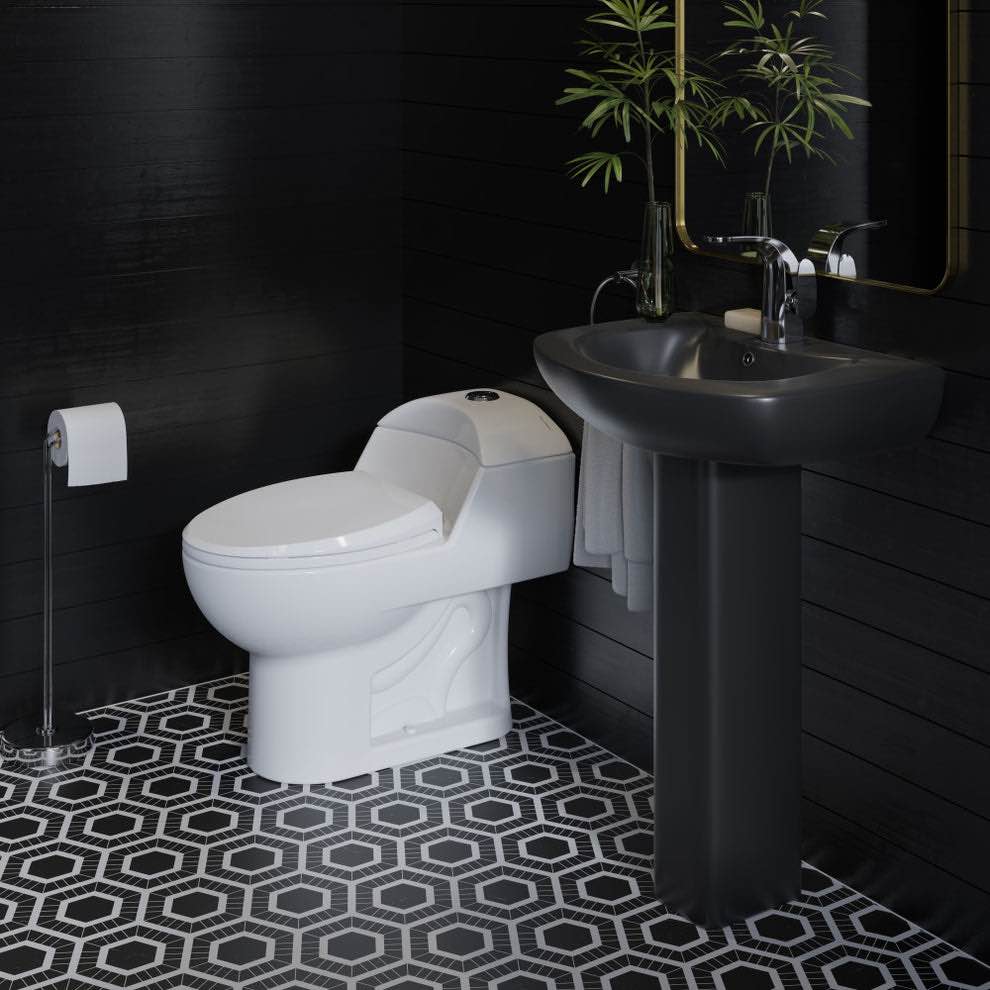 Condition photo showing New/Like New for swiss madison matte black chateau pedestal bathroom sink round single faucet hole (new in box) h 35.26 in, w 20.3 in, d 25.6 in