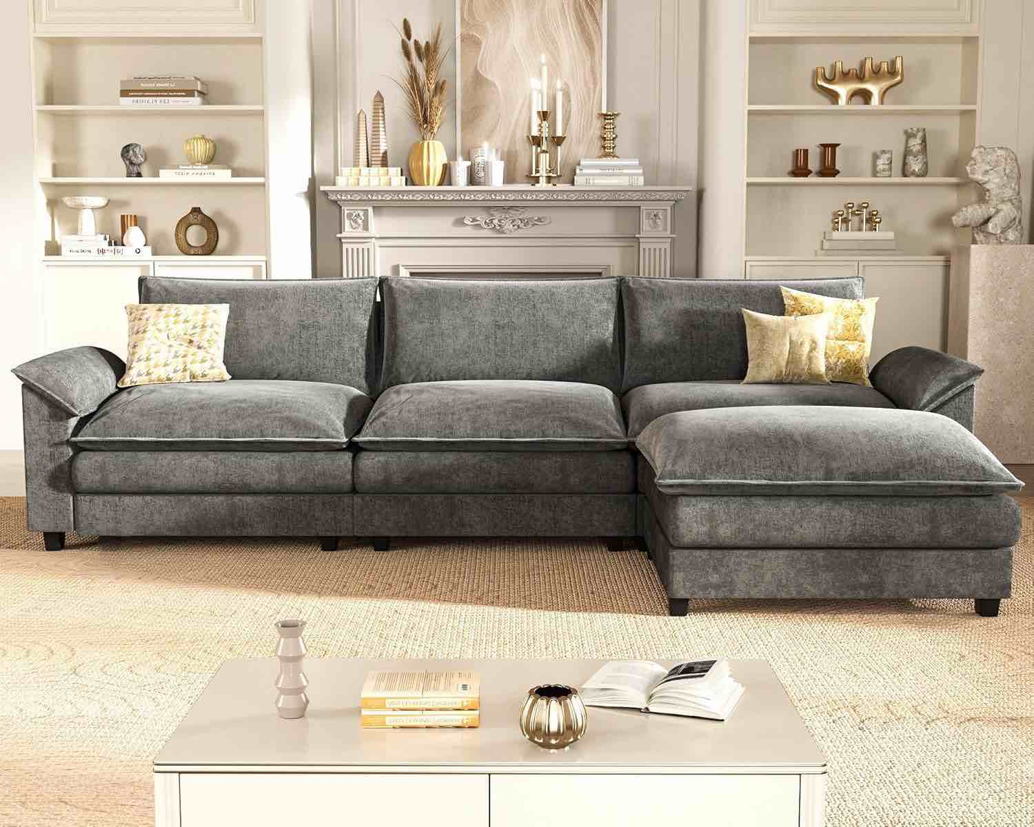 Condition photo showing New/Like New for homall 119" modular sectional sofa, l shaped sofa couch with ottoman (in box) 35.43"d x 39.6"w x 31.5"h (see photos for exact model example)