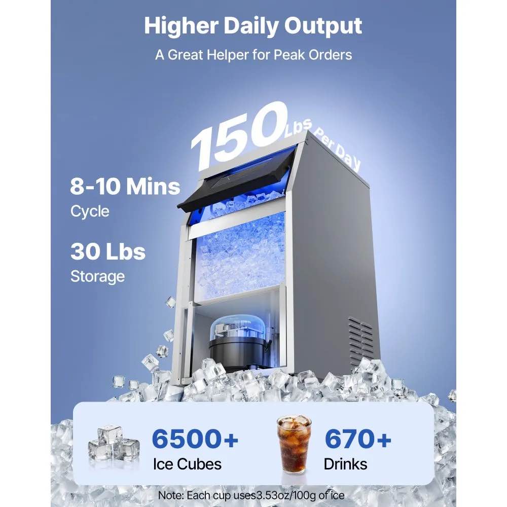 Condition photo showing New/Like New for vevor commercial ice maker machine, 150 lbs/24h with 30 lbs storage capacity (new in box-item verified) 19.49 x 15.94 x 28.35 in