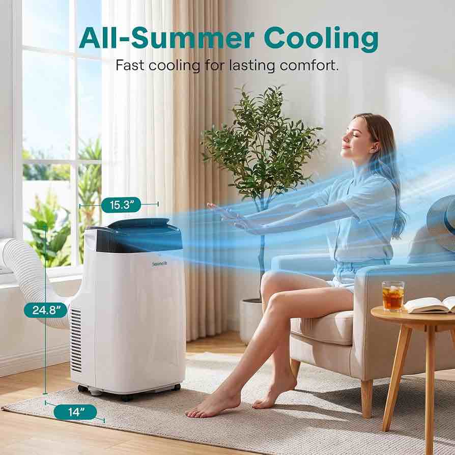 Condition photo showing New/Like New for serenelife small air conditioner portable 10,000 btu with built-in dehumidifier - portable ac unit for rooms up to 450 sq ft - remote control, window mount exhaust kit (new in box) 13.39"d x 32.09"w x 17.45"h