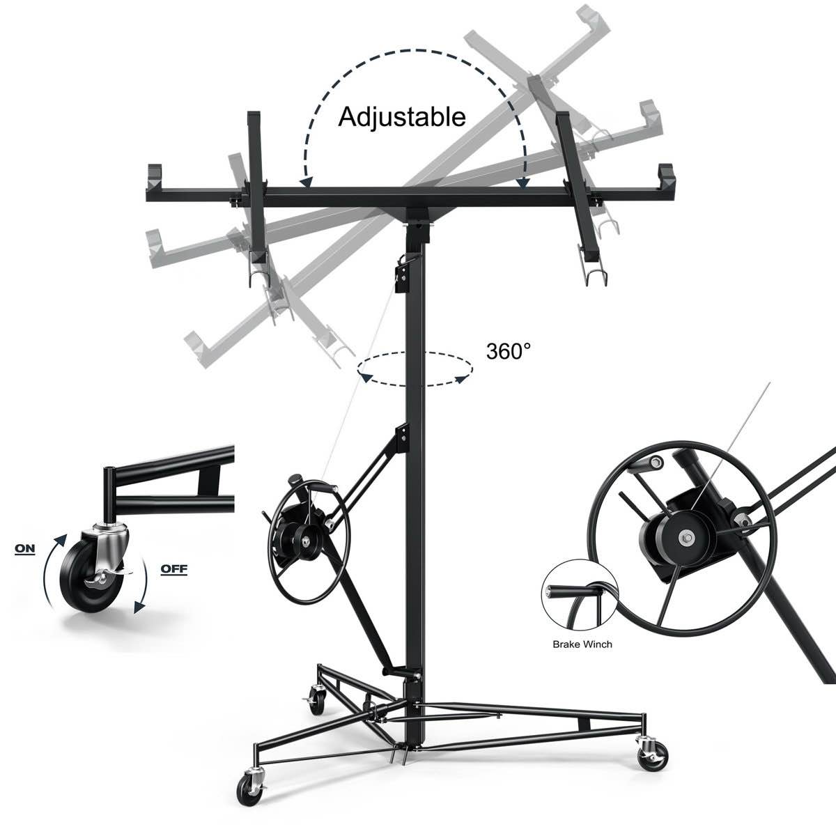 Condition photo showing New/Like New for 16 ft drywall lift panel hoist, 150 lbs heavy-duty sheetrock jack with 360° rotation, adjustable telescopic arm & locking caster wheels (new in box-verified) 192'' h x 115'' w x 31.5'' d