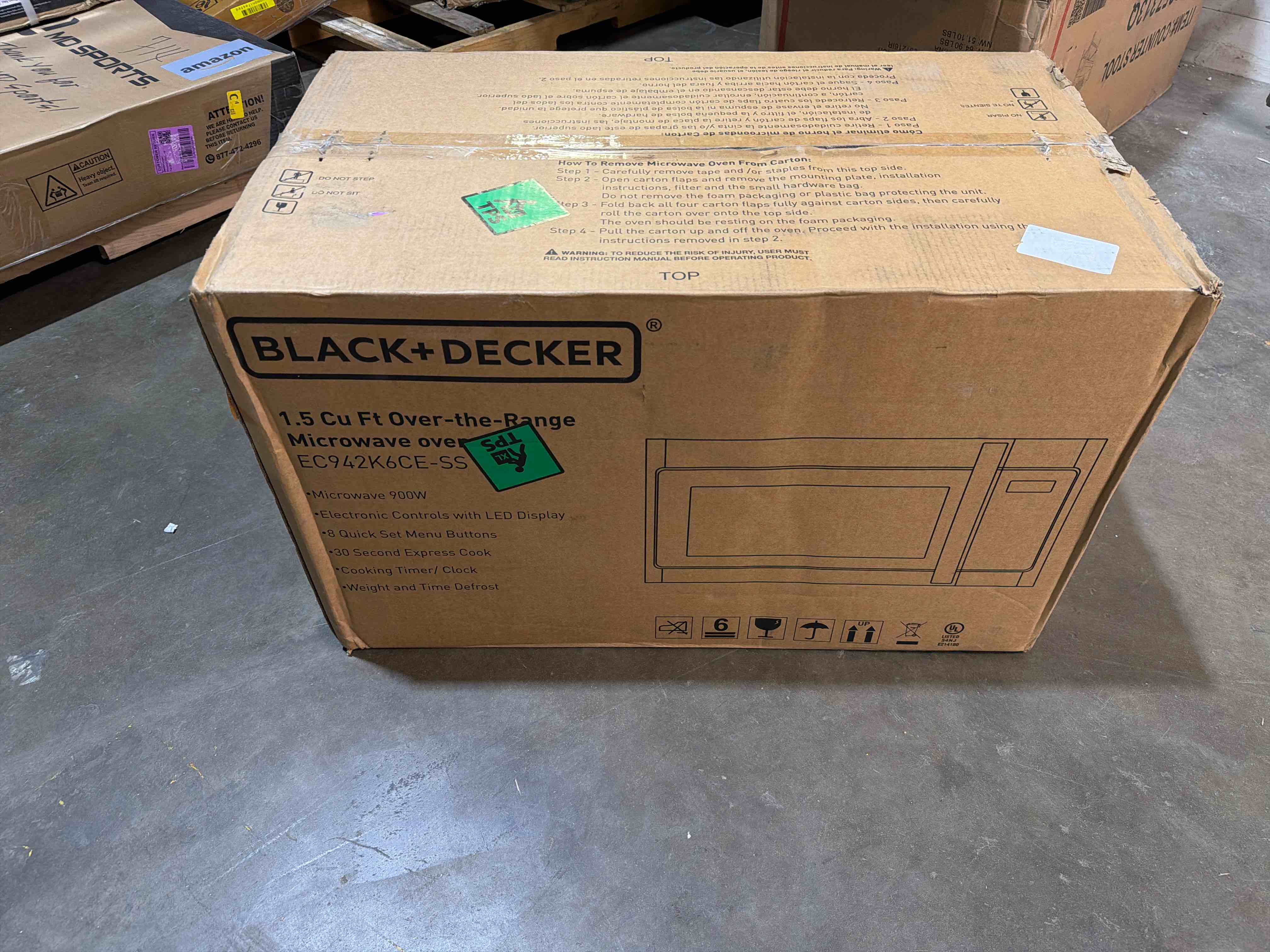Condition photo showing New/Like New for stainless steel over the range microwave oven with air fryer, convection, and bake modes, 1.5 cu.ft & 900 watts, 13.6 turntable, overall dimensions 15.43"d x 29.88"w x 16.42"h, item is brand new in box