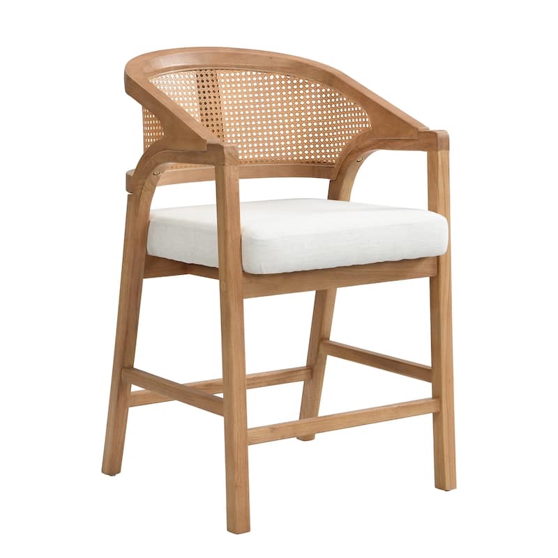 Condition photo showing New/Like New for set of 2 natural finished rubber wood frame bar stools with rattan backs and beige cushions, chairs are new in box