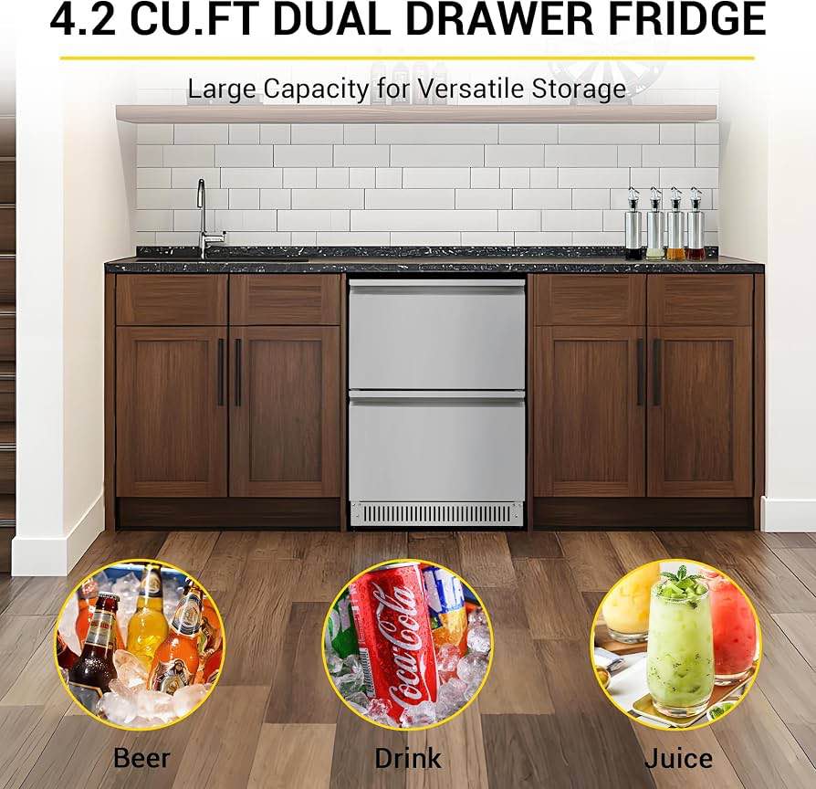 Condition photo showing New/Like New for ct copper tailor 24 inch outdoor dual drawer fridge,stainless steel beverage refrigerator,freestanding or built-in installation,led touch control,fit for home & commercial use.(4.2 cu.ft) (new in box) 22.8"d x 23.4"w x 32.3"h