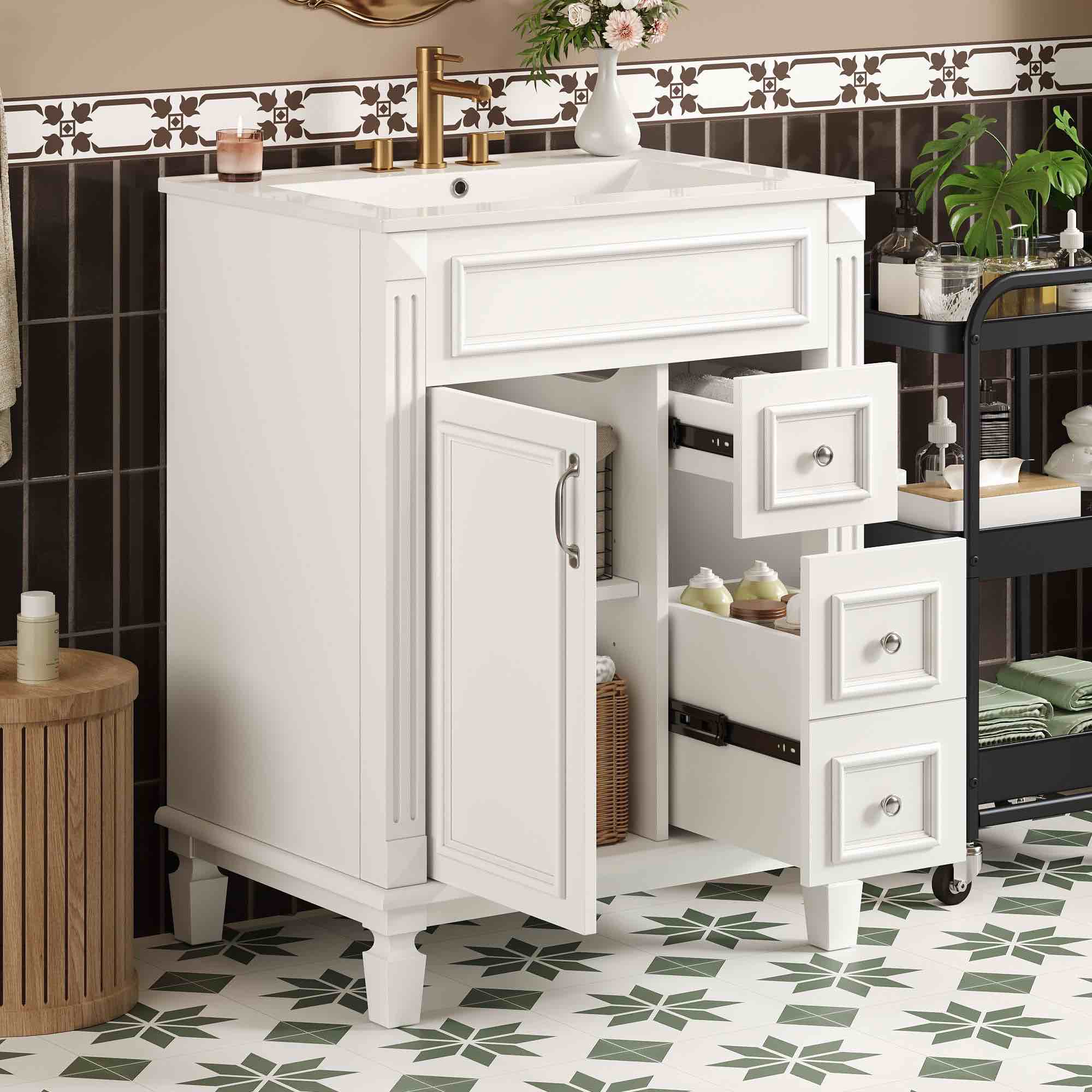 Condition photo showing New/Like New for 24" bathroom vanity with elegant ceramic sink, stylish storage, and timeless french design for small spaces (new in box) 24" w × 18.3" d × 34" h