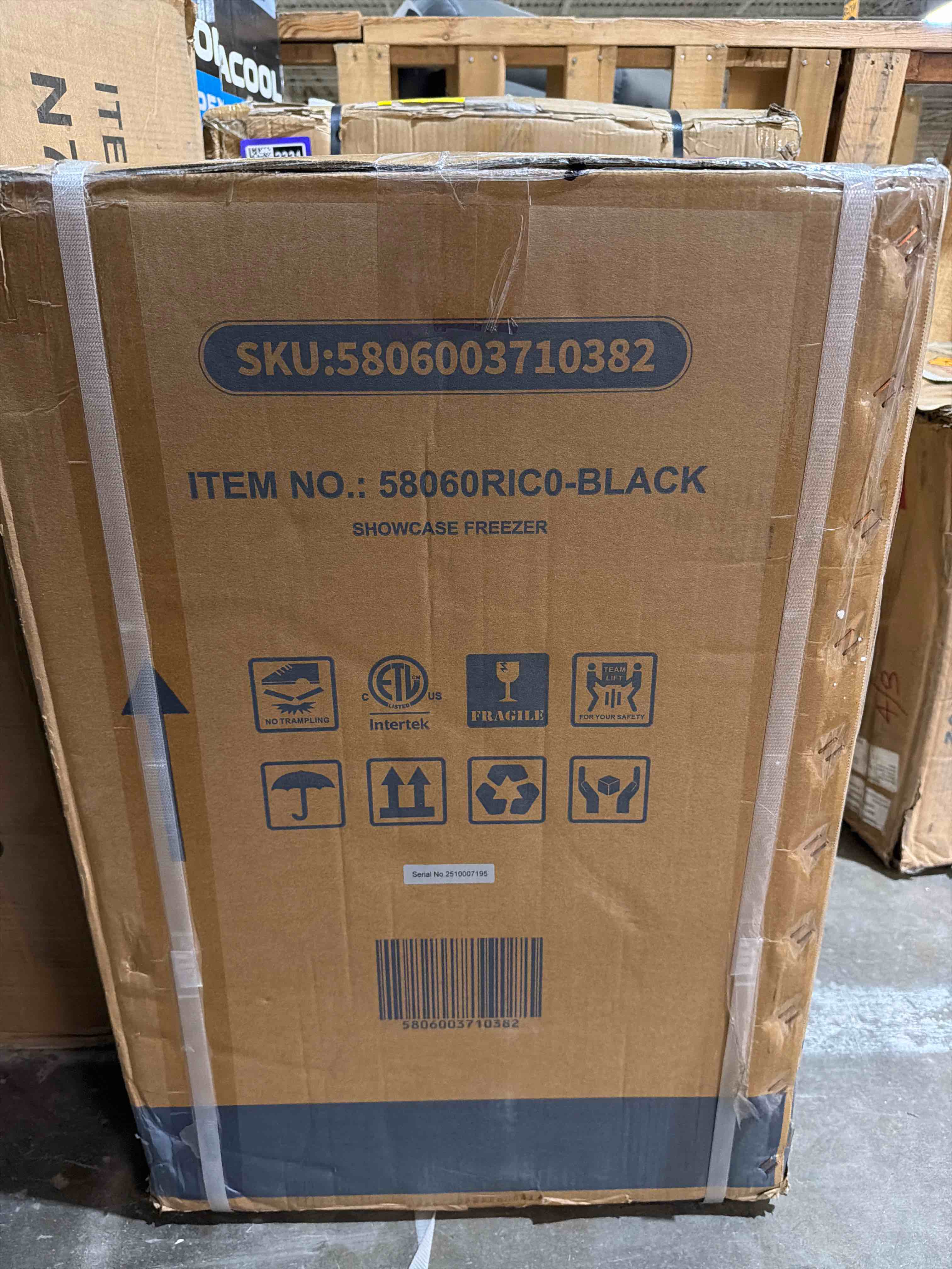 Condition photo showing New/Like New for black compact mini freezer with glass door display, 2.2 cu.ft, 7 temperature settings, -10 to -18 degrees for deep freezing, measures at 25.39" x 21.46" x 17.52"