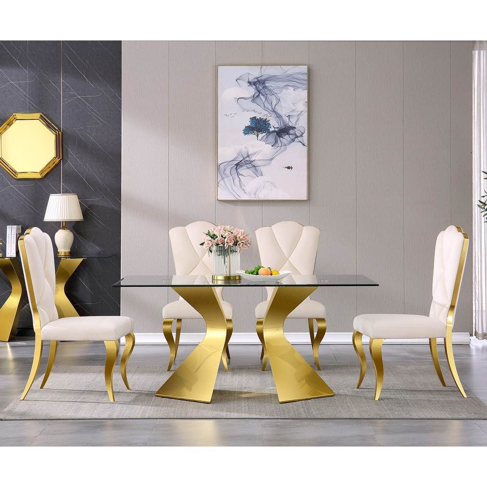 Condition photo showing New/Like New for set of two luxury velvet upholstered dining room chairs with shell-shaped back and stainless steel legs - white/gold (new in box) 20 in. w x 18.9 in. l x 18.9 in. d x 43.3 in. h