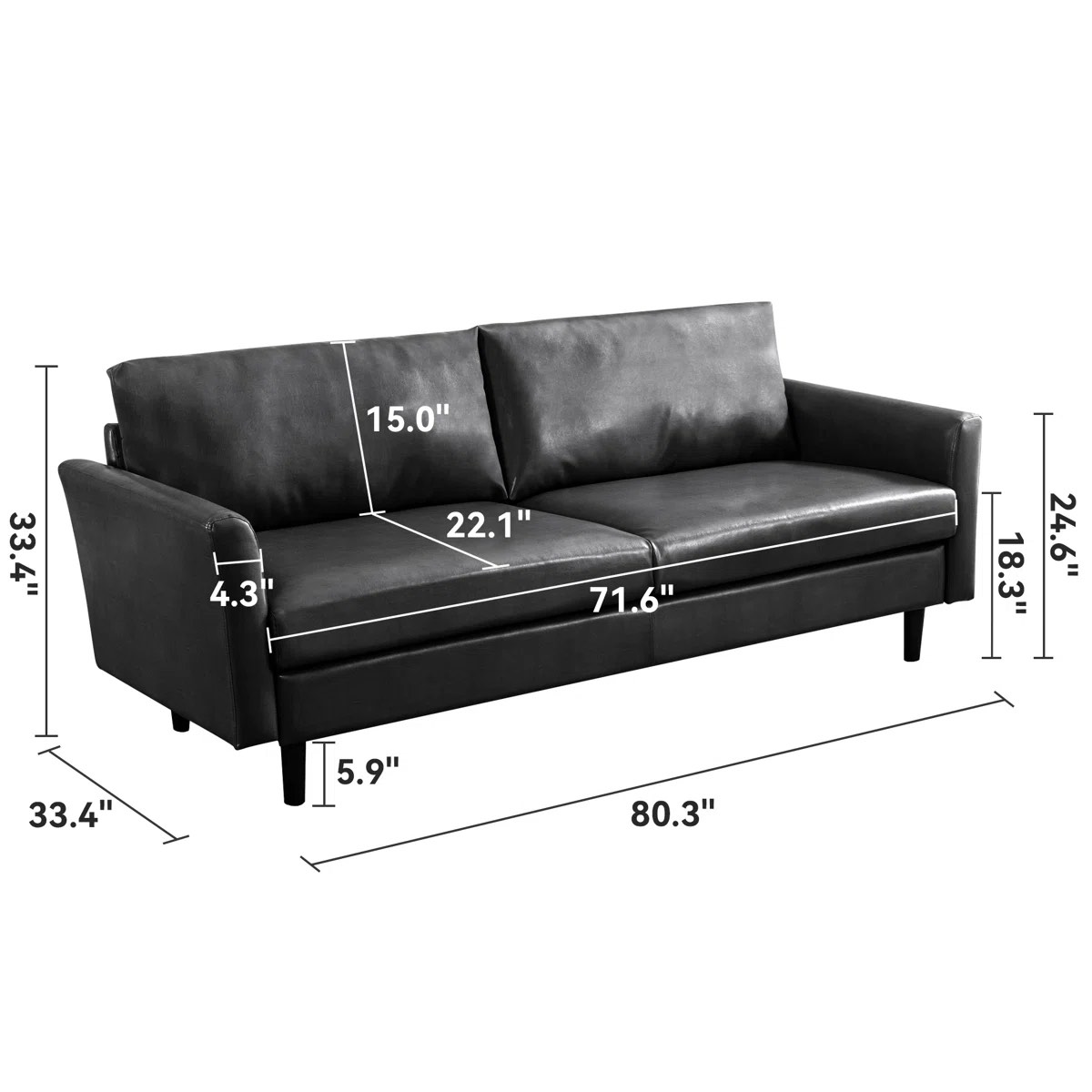 Condition photo showing New/Like New for bobur 80.3inch black vegan leather sofa with a brown finished solid wood legs, overall dimensions 33.4 h x 80.3 w x 33.4 d, item is brand new in box