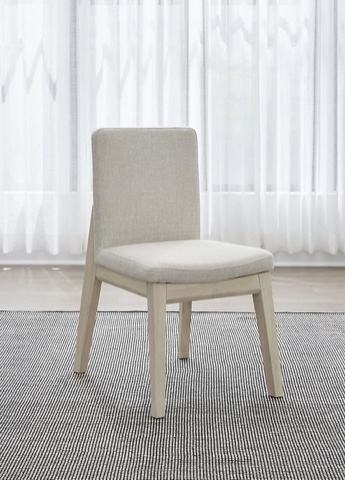 Condition photo showing New/Like New for set of 2 liv solid wood dining chairs in white sand and brun boucle