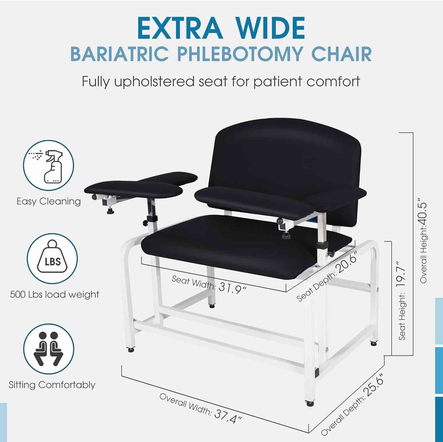 Condition photo showing New/Like New for coolwave extra thick padded bariatric phlebotomy chair with arms black (new in box) 25.6 d × 37.4 w × 40.5 h