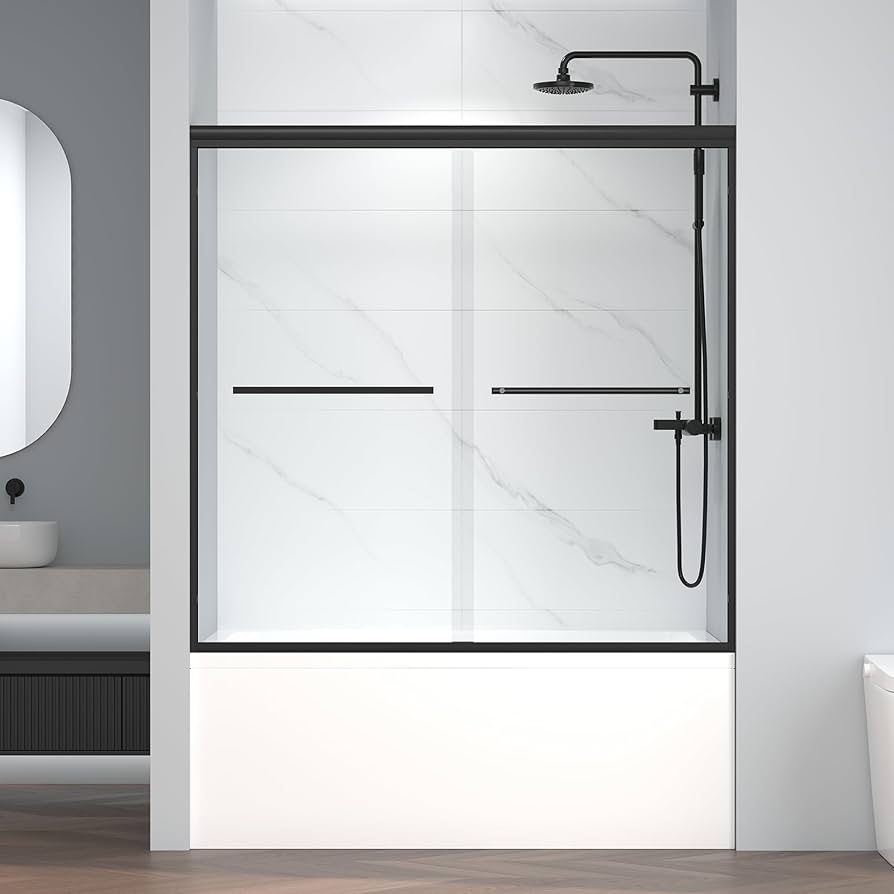 enso senka 60 w x 58 h semi-frameless bypass sliding bathtub shower door, easy-to-clean treated clear tempered glass, matte black (new in black) 60 x 58