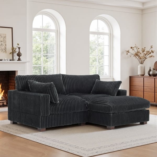 Plush Corduroy Upholstered Modular Sectional Sofa with Ottoman - Dark Grey 3 Pieces - Lighter than stock photos, see lot photos for accuracy