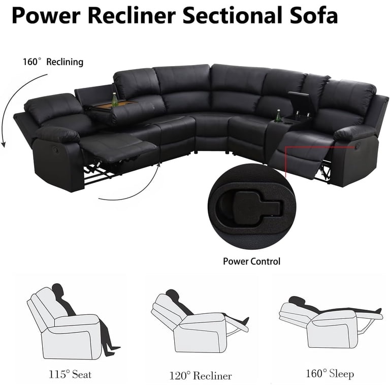Condition photo showing New/Like New for 3-pcs manual reclining vegan leather sectional sofa set with storage & cup holders, living room home office furniture, black