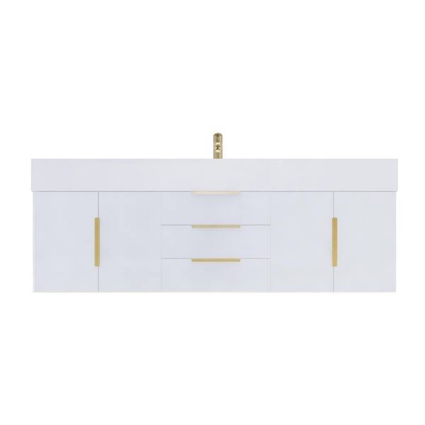 Condition photo showing New/Like New for bethany high gloss white single sink floating bath vanity with acrylic white top, overall dimensions 59 w x 20 d x 22 h