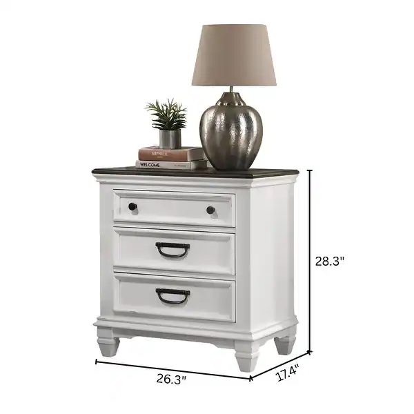 Condition photo showing New/Like New for set of 2 antique white clelane wood 3-drawer nightstands, with black metal hardware, overall dimensions 26.3"w x 17.4"d x 28.3"h, 2 boxes total