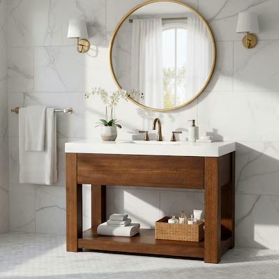 Alberto 48inch Walnut Wood And White Marble Top Single Sink Vanity, Modern Bathroom Cabinet with Storage